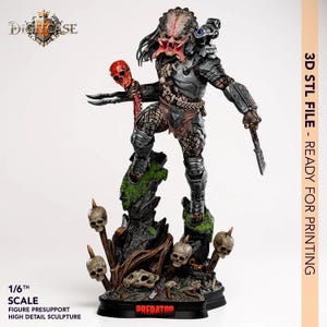May include: A detailed Predator figure, holding a skull and a blade, stands on a mossy base with skulls. The figure is in a battle-ready pose, with intricate armour and a menacing expression. The base reads "Predator" and the text "3D STL FILE - READY FOR PRINTING".