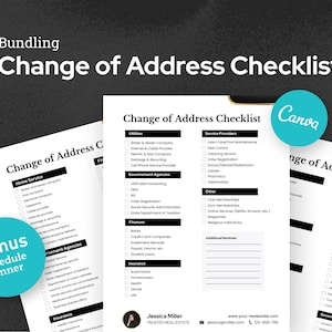 May include: A black and white checklist with the title "Change of Address Checklist" and a list of categories including "Home Service", "Utilities", "Government Agencies", "Finances", "Insurance", "Service Providers", "Other", "Professional Services", "Community Contact", and "Government Agencies".