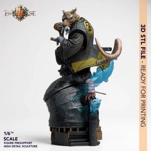 Könnte beinhalten: Detaillierte 1/6-Skala-Skulptur einer rattenartigen Figur in einem schwarz-goldenen Outfit, die ein Schwert hält. Die Figur sitzt auf einem strukturierten Sockel mit blauen Akzenten. Der Text "3D STL FILE - READY FOR PRINTING" ist sichtbar.