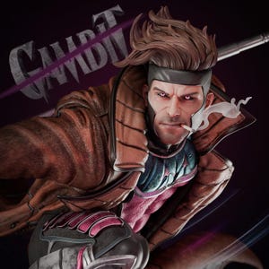 Può includere: Statua dettagliata del personaggio dei fumetti Marvel, Gambit. La figura indossa una giacca di pelle marrone, una fascia nera e una camicia a fantasia rosa e blu. Gambit ha i capelli castani, una sigaretta e un'espressione severa. La parola "Gambit" è visibile sullo sfondo.