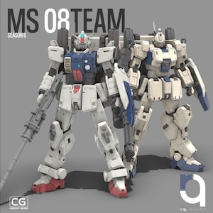 May include: Two detailed robot figures, one in white, blue, and red, the other in white and blue, stand side-by-side. The text "MS 08 TEAM SEASON 6" is at the top. The figures have weapons and are labeled "CG CONCEPT GRADE" and "r.q. mecha".