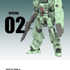 Puede incluir: Un modelo de robot verde claro con un arma y un escudo. El modelo está etiquetado como "SPECIAL 02" y "JEDDAH". La altura total es de 22,5 cm. El modelo es a escala 1/100.