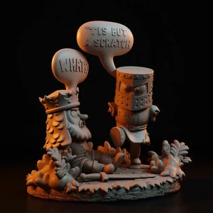 May include: A 3D-printed figurine of a knight and a king in a humorous pose. The knight, with the text "'Tis but a scratch" in a speech bubble, stands over a fallen king who has a speech bubble with the text "WHAT?". The figures are on a textured base.