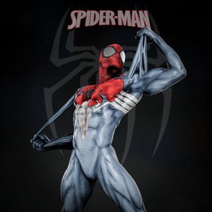 May include: A Spider-Man figurine featuring a muscular figure in a blue and red suit with a white spider emblem on the chest. The character is pulling at the suit fabric with both hands. The text SPIDER-MAN appears in red above the figure.