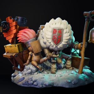 May include: A detailed figurine of a whimsical character with a fluffy white head and a shield. The figure is holding a wooden staff with a bell and lantern. Other elements include a wooden box, a brick structure, and a wooden doll.