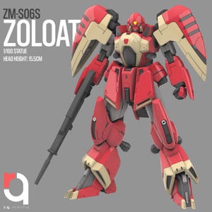 May include: A red and tan Zoloat model robot statue. The robot has large wing-like structures on its back and a long gun. The head height is 15.5cm. The text "ZM-S06S ZOLOAT" is visible.