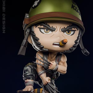 May include: A chibi-style figurine of a character with a green helmet, brown hair, and a cigar. The figure is wearing a military-style outfit with camouflage pants and metal claws. The word "KILL" is visible on the helmet.