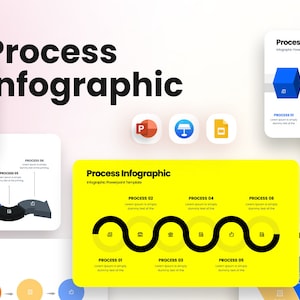 Puede incluir: Un conjunto de plantillas de infografía de procesos de PowerPoint con diferentes estilos. Las plantillas presentan formas, líneas e iconos coloridos para representar los pasos de un proceso. El texto "Process Infographic" aparece en el título de cada plantilla.