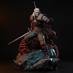 May include: A detailed statue of a character from The Witcher series, featuring a figure with white hair, armor, and swords. The statue is posed on a monster base with a dark background, showcasing intricate details and a dynamic pose.
