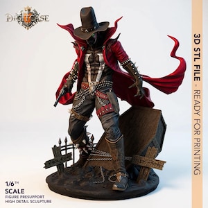 May include: A detailed 1/6th scale figure of Spawn, a comic book character, in a dynamic pose. The figure wears a black hat, red coat, and spiked accessories, holding a gun. The base includes a tombstone and cross. The text on the side says "3D STL FILE - READY FOR PRINTING".