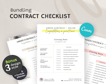 Lot de listes de contrôle pour les contrats immobiliers : chronologie modifiable, formulaires sous contrat (PDF Canva + planificateur de bonus)