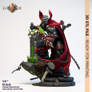 May include: A detailed Spawn action figure, featuring a red cape, spiked gauntlets, and a sword with green energy. The figure is posed on a stone base with chains and a skull. The text on the image reads "3D STL FILE - READY FOR PRINTING".