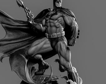 May include: A monochromatic gray Batman figurine standing on a rooftop structure. The character wears a cape, utility belt, and gloves, holding a grappling gun in the right hand. The muscular figure is depicted in a dynamic pose with flowing cape details.