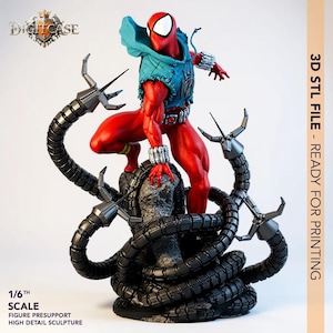 May include: A red action figure of a superhero with a white-eyed mask, blue hooded vest, and silver wrist cuffs, posed atop a rocky base with black mechanical tentacles. The figure is labeled as 1/6th scale, a 3D STL file, and ready for printing.