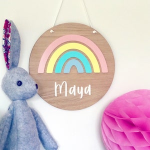 Personalised Wooden Rainbow plaque, with pastel acrylic rainbow. Rainbow Name Sign, Door Sign, Nursery Wall Decor image 1