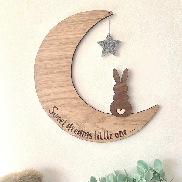 Sweet Dreams Little One Moon Wall Decor, Nouveau décor de chambre de bébé, lapin mignon et demi-lune