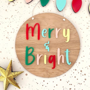 Merry and Bright Colourful Christmas plaque. Wooden christmas decoration