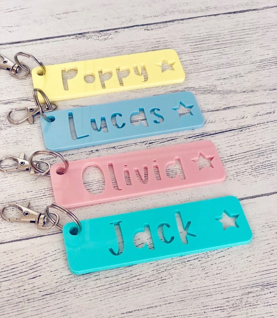 Children's Acrylic Name key ring, book bag tag, back to school