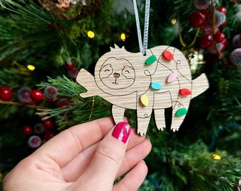 Sloth Christmas Decoration, Festive Animal, wooden Christmas tree decoration