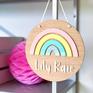 Personalised Wooden Rainbow plaque, with pastel acrylic rainbow. Rainbow Name Sign, Door Sign, Nursery Wall Decor image 2