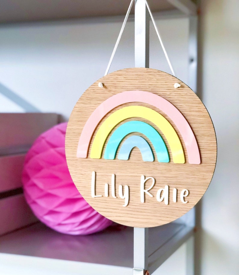 Personalised Wooden Rainbow plaque, with pastel acrylic rainbow. Rainbow Name Sign, Door Sign, Nursery Wall Decor image 2