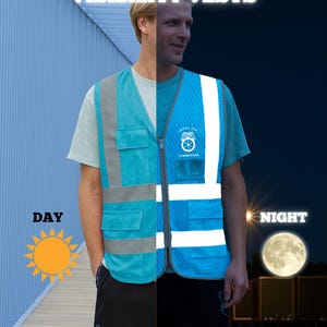 May include: A light blue customizable visibility vest with reflective stripes and pockets. The vest has the text "LOCAL 990 TEAMSTERS" on the front. The image shows a day and night view of the vest.