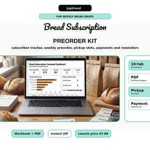 Förbeställningskit för brödprenumeration, spårning av surdegsbröd, arbetsbok för veckovis förbeställning, spårning av upphämtning, uppföljning av missade betalningar