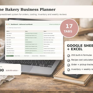 Puede incluir: Una computadora portátil muestra una hoja de cálculo "Home Bakery Business Planner" con 17 pestañas para pedidos, costos, inventario y revisiones semanales. Incluye una calculadora de costos de recetas y un rastreador de pedidos.