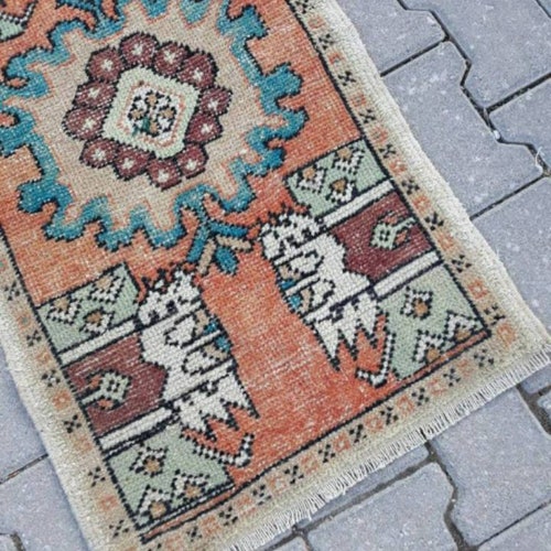Small Door Mat Rug, Turkish Oushak Rug for Nursey, Orange Green Wool Vintage Rug, 1x7 Rugs for shops Kitchen, Bath Mat Boho, Entry Rug 3'1