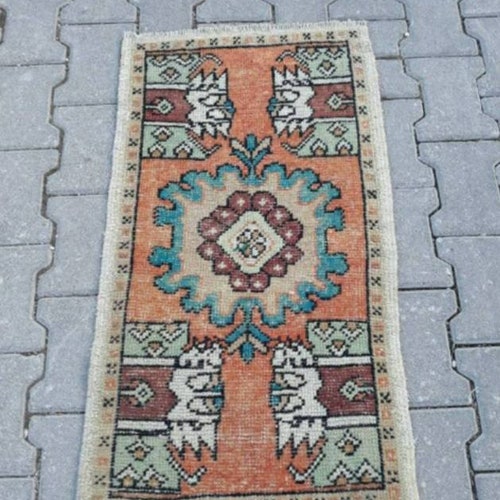Small Door Mat Rug, Turkish Oushak Rug for Nursey, Orange Green Wool Vintage Rug, 1x7 Rugs for shops Kitchen, Bath Mat Boho, Entry Rug 3'1