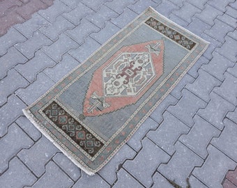 Par de alfombras Oushak, alfombras pequeñas vintage a juego, juego de alfombras, alfombras turcas de color marrón azulado anudadas a mano, alfombra de ducha, tapetes de puerta 3'7"x1'7"