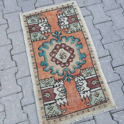 Small Door Mat Rug, Turkish Oushak Rug for Nursey, Orange Green Wool Vintage Rug, 1x7 Rugs for shops Kitchen, Bath Mat Boho, Entry Rug 3'1