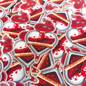 love potion, sticker, metallic, heart, love, print, design, illustration, red, potion, witchy, witch, amour, magic