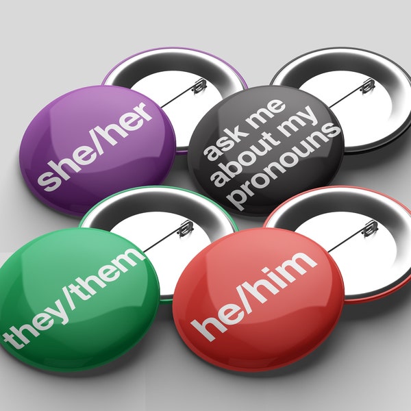 58mm Pronoun Buttons | She/her He/him They/them Ask me about my pronouns | Pin Badge