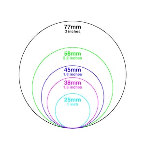 May include: A series of five concentric circles in black, green, blue, magenta, and cyan. Each circle is labeled with its diameter in millimeters and inches: 77mm (3 inches), 58mm (2.2 inches), 45mm (1.8 inches), 38mm (1.5 inches), and 25mm (1 inch).