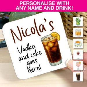 May include: A white square drinks coaster with the name "Nicola's" in brown script. The coaster features an illustration of a vodka and coke drink with ice and an orange slice. Text on the coaster reads "Vodka and coke goes here!"