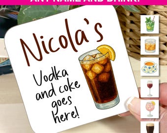 Personalised Drink Coaster: Vodka and Coke, Leaving Gift, Secret Santa, Drink Goes Here Coaster
