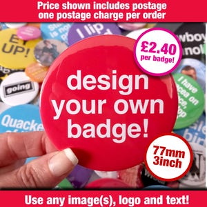 Ontwerp je eigen badge 77 mm • Personaliseer badges met tekst, afbeeldingen of logo's!