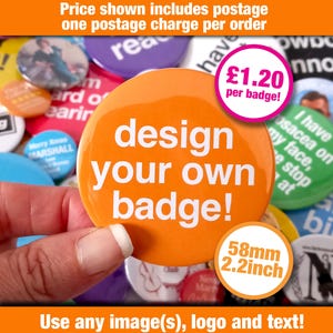 58 mm 独自のバッジをデザイン • テキスト、画像、ロゴでカスタマイズしたバッジ!
