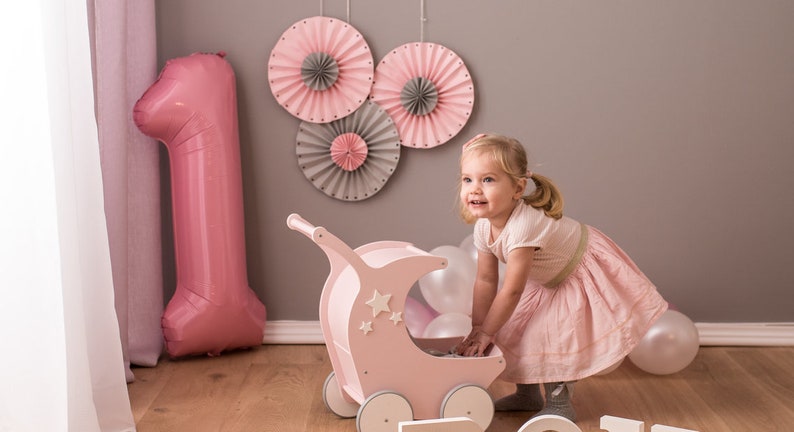 Personalized Gift for Girls Wooden Dolls Buggy Stroller Moon Pram Baby Walker Along with Bedding shops Child's NAME 1st Birth Day Trolley