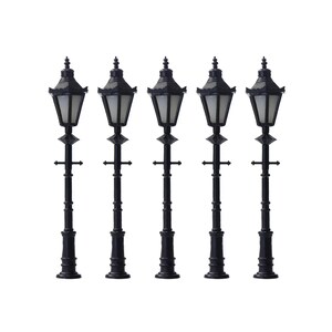 May include: Five black miniature street lamps with white interior lighting. Each lamp has a decorative top, a diamond-shaped accent, and a cross-shaped detail. The lamps are arranged in a row against a white background.