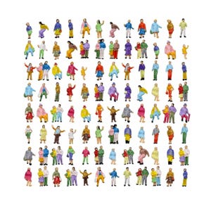 May include: A collection of miniature figurines of people in various poses and outfits. The figures are painted in a variety of colors, including blue, green, yellow, pink, and purple. Some figures are standing, while others are sitting or interacting with each other.