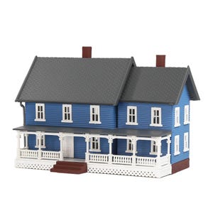 N Scale Blue Model House Kit: Two-Story Miniature Dwelling with Porch