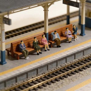 May include: Miniature diorama of a train station platform with a wooden bench and several small figurines of people sitting. The platform has a yellow stripe and train tracks in the foreground.