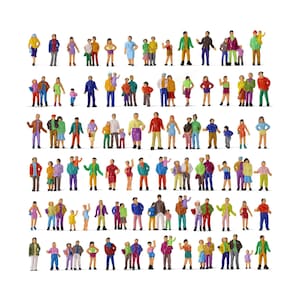 May include: A collection of miniature figurines depicting people in diverse poses and attire. The figures, including adults and children, are dressed in various colours. Suitable for model railways, dioramas, or craft projects.