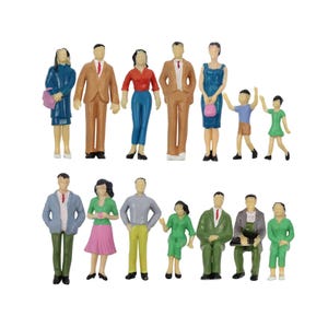 May include: A collection of miniature figurines depicting various people in different outfits. The figurines include men in suits, women in dresses and skirts, and children. The color palette includes shades of brown, blue, green, and pink.