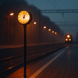 Puede incluir: Un reloj iluminado en un poste en una estación de tren al anochecer. La esfera del reloj está iluminada, mostrando la hora. La escena está tenuemente iluminada con farolas y las luces de un tren que se acerca.