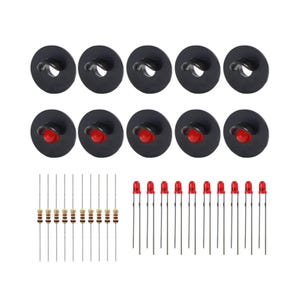 Può includere: Un assortimento di componenti elettronici, tra cui clip di montaggio in plastica nera con LED rossi, e diversi resistori e LED rossi con fili. I componenti sono disposti in file e colonne su uno sfondo bianco.