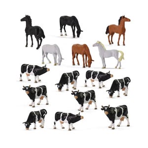 May include: A collection of toy farm animals, including horses in black, brown, and white, and cows in black and white. The figurines are made of plastic and are designed for play or display.