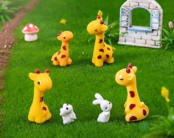 Miniature Giraffe & Rabbit Figurines - 7 Piece Set - Micro Landscape Decor